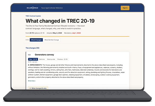 Sellers Shield Contract Explainer tool showing TREC Form 20-19 changes