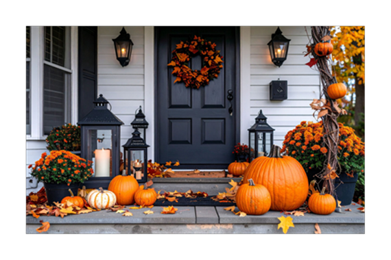 Halloween decorated front porch with pumpkins